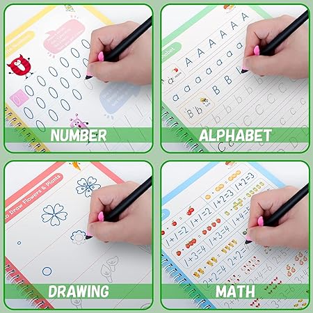 Kid's Magic Practice Book - 4 Different Books (Alphabet, Numbers, Drawing, Math) ,1 Pen ,1 Gripper ,10 Extra Refills