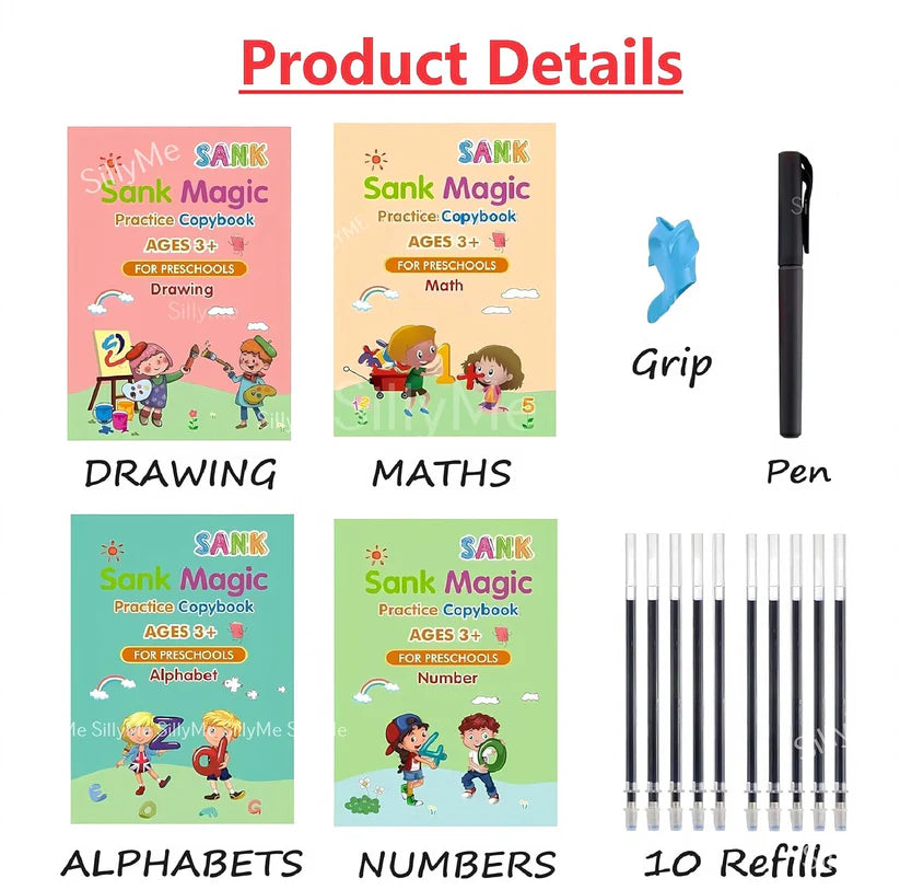 Kid's Magic Practice Book - 4 Different Books (Alphabet, Numbers, Drawing, Math) ,1 Pen ,1 Gripper ,10 Extra Refills