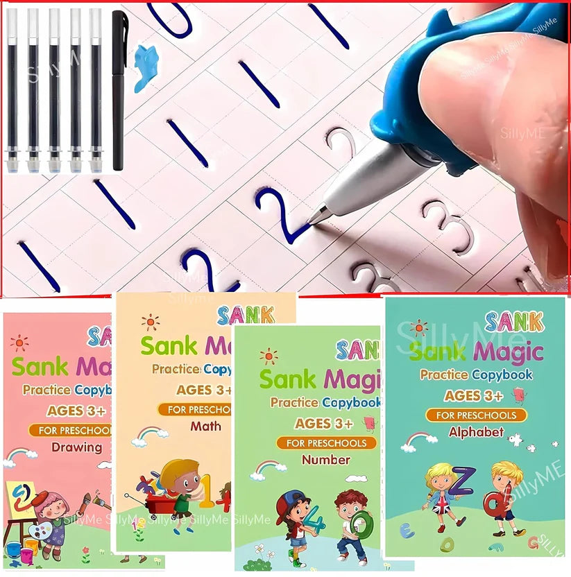 Kid's Magic Practice Book - 4 Different Books (Alphabet, Numbers, Drawing, Math) ,1 Pen ,1 Gripper ,10 Extra Refills