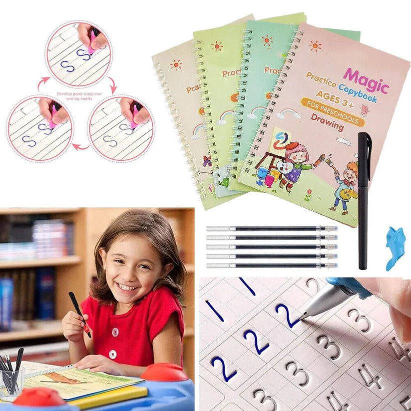 Kid's Magic Practice Book - 4 Different Books (Alphabet, Numbers, Drawing, Math) ,1 Pen ,1 Gripper ,10 Extra Refills